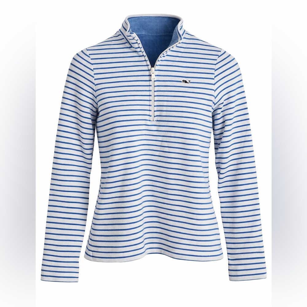 Vineyard Vines Kids Quarter Zip Pullover Blue White Stripe Whale Logo S (8–10)